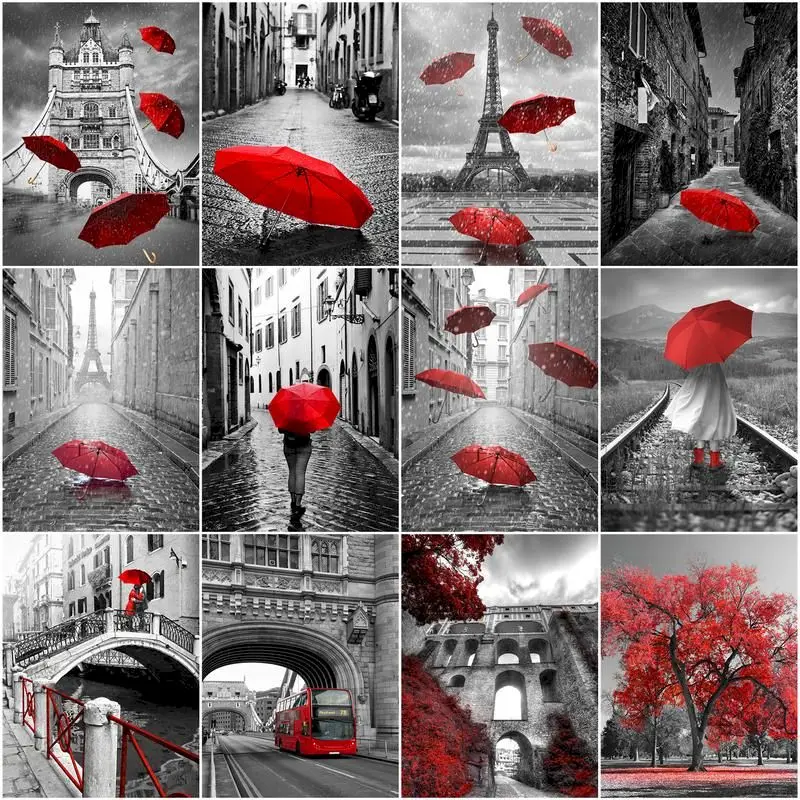 GATYZTORY Painting By Numbers City Landscape Red Umbrella Drawing On Canvas HandPainted Art Gift DIY Picture Tower Kits Home Dec