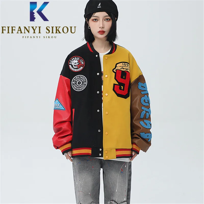 

PU Spliced Fashion Bomber Jacket Women Badge Embroidery Patchwork Hip Hop Jackets Coat Female Streetwear Loose Harajuku Jacket