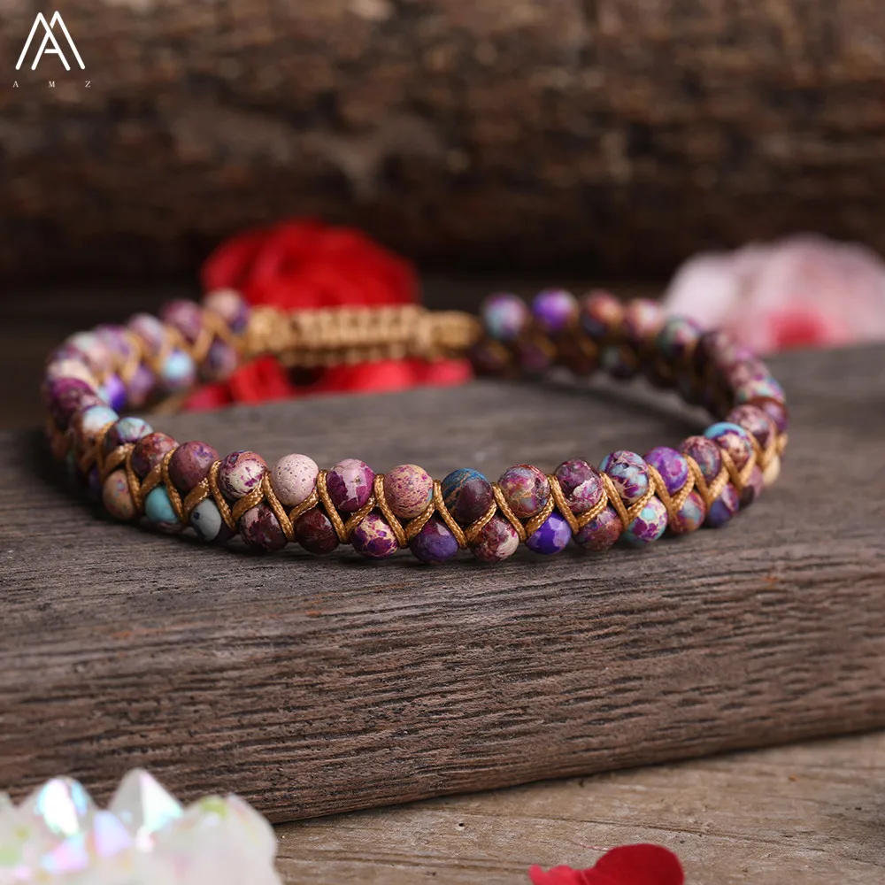 

4mm Natural Rainbow Fluorite African Turquoises Ocean Jaspers Sea Sediment Jaspers Beads Knotted Braided Bracelet For Women