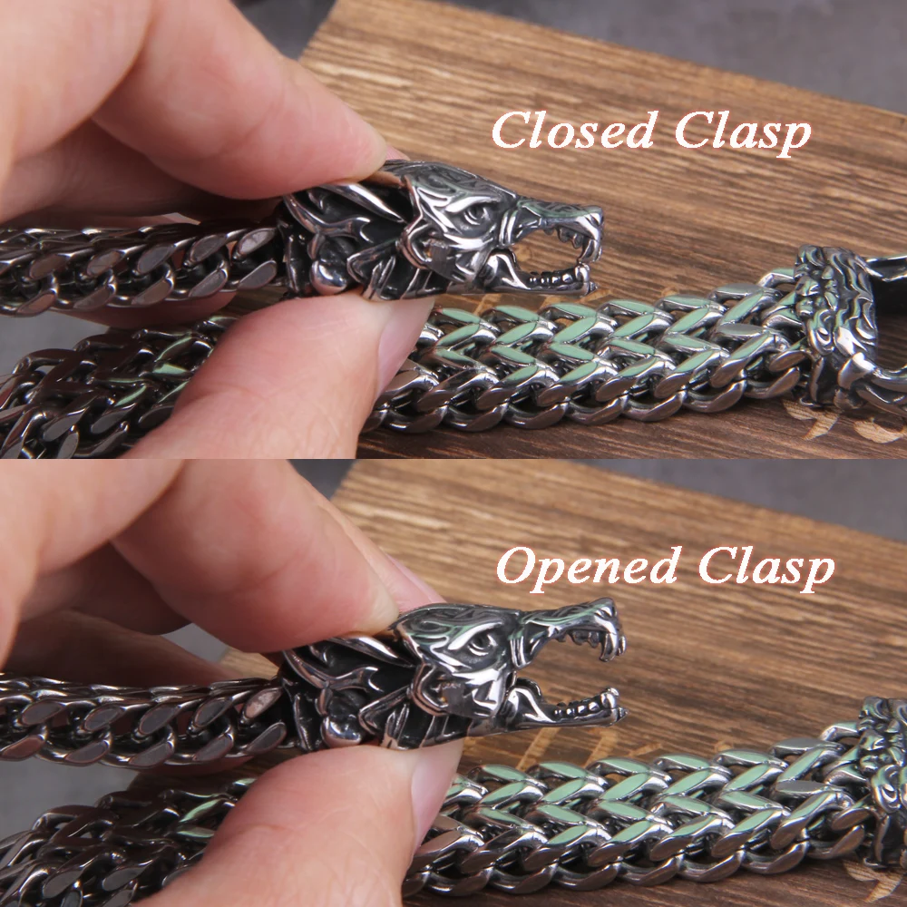 Never Fade Rock Viking Wolf Bracelet Men's Stainless Steel Mesh Chain Can Open Wolf Mouth Punk Bracelets Biker Jewelry - view 2