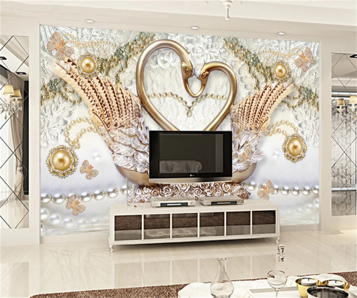 

Nordic luxury 3d swan gold pearlescent jewelry background wall stickers custom hotel luxury wallpaper photo mural papier peint