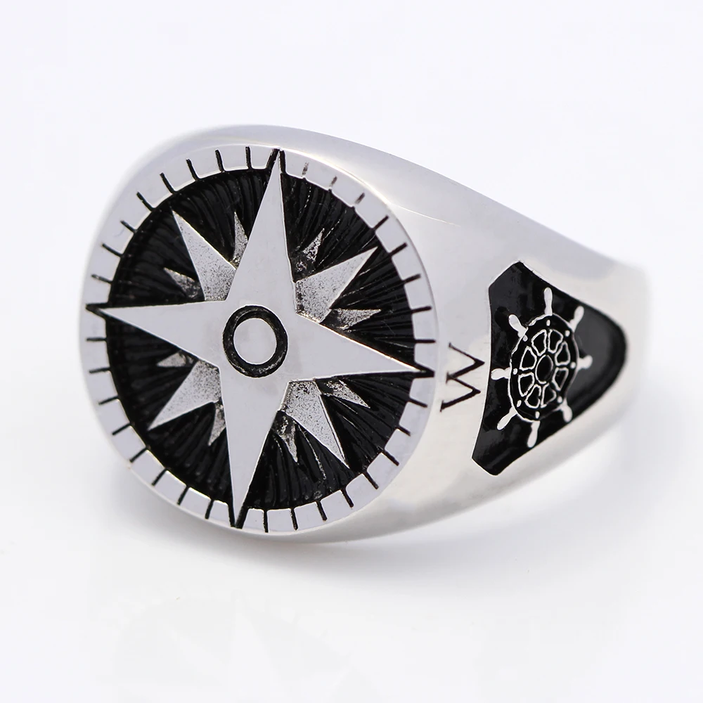 Men`S Compass Marine Anchor Nautical Ship Helm Wheel 925 Sterling Silver Jewelry Ring