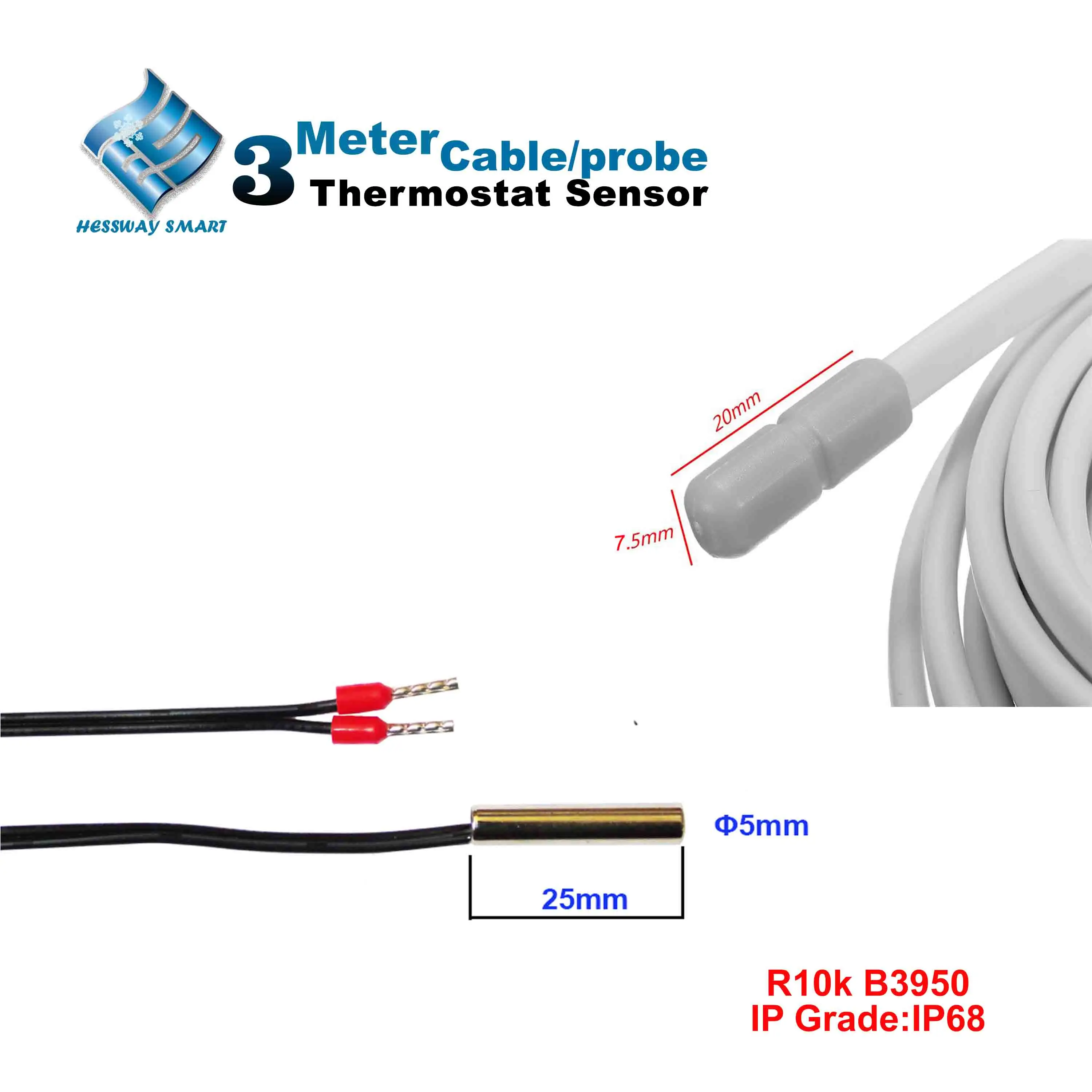 IP68 Temperature Sensor Probe Cable for NTC 10K B=3950 Floor Heating Thermostat Probe Pin Accuracy 0.5%