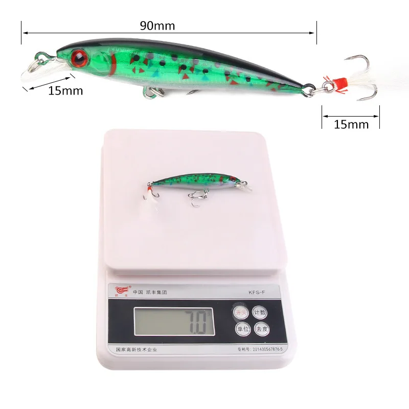 1Pcs 레이저 3D 눈 생체 공학 미노우 낚시 미끼 90mm 7g 인공 하드 미끼 깃털 트레블 후크 낚시 미끼