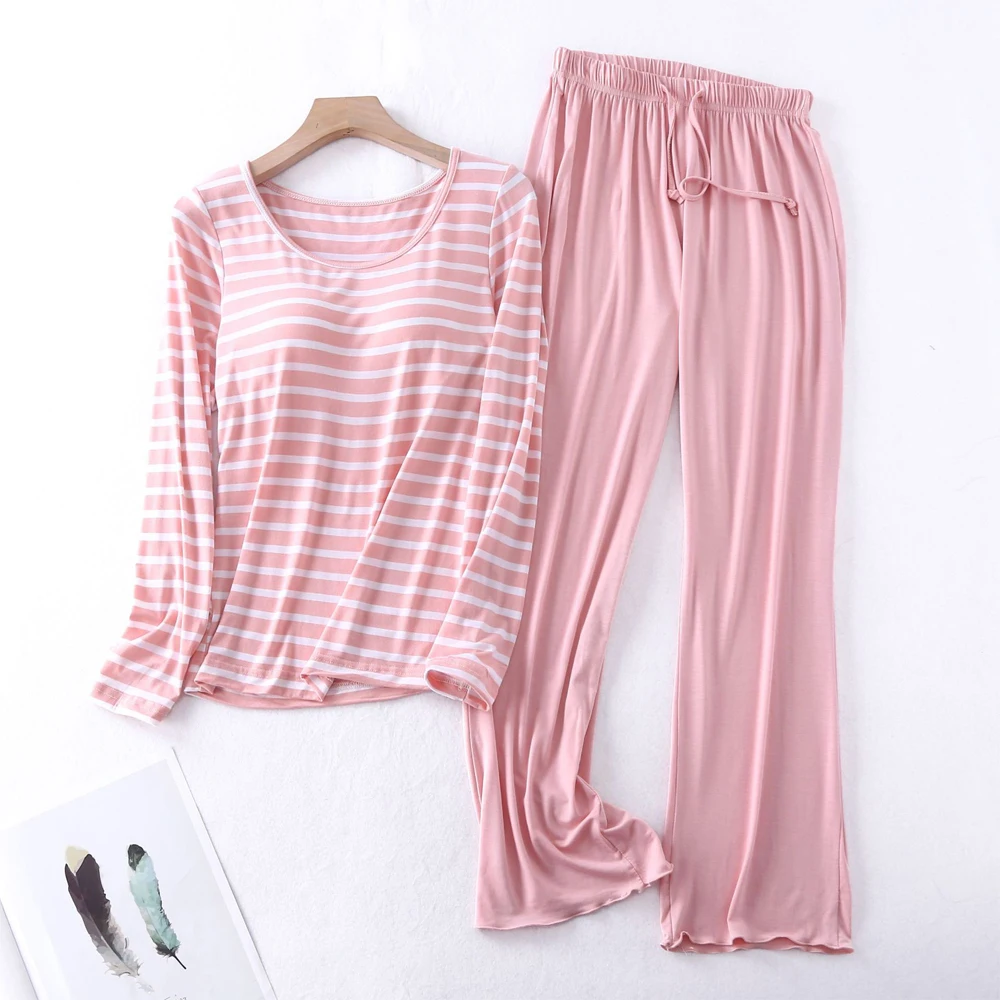 Cotton Pajamas Sets Women With Bra Pad Long Sleeve Striped Night Wear Cute Loose Pijama Mujer Sleepwear Autumn Winter Homewear