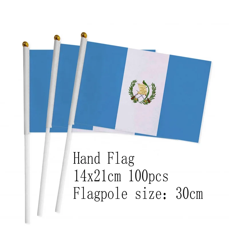 

zwjflagshow Guatemala Hand Flag 14*21cm 100pcs polyester Guatemala Small Hand waving Flag with plastic flagpole for decoration