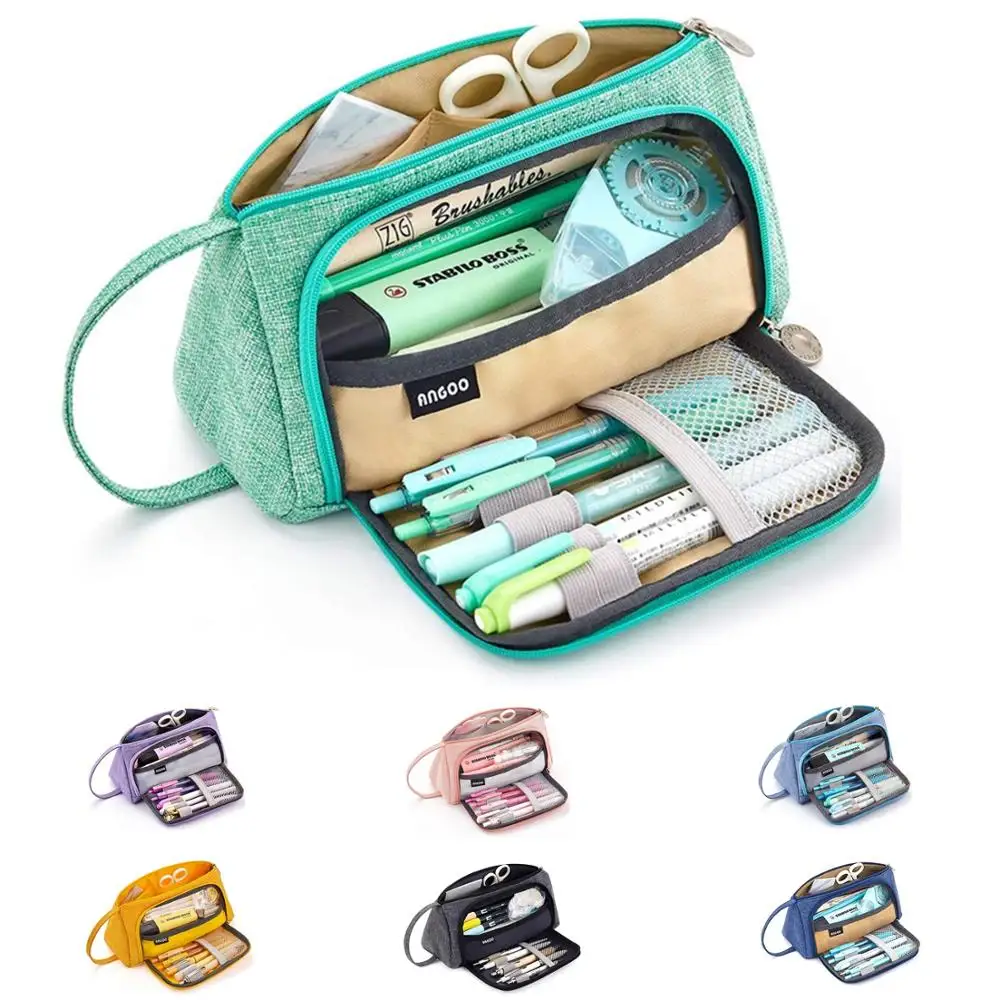 Angoo Pure color Pen Pencil Bag Multi Layer Large Case Stationery Organizer Travel Markup Storage F6443