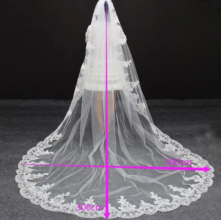 Voile de mariée Long avec dentelle de haute qualité, voile ivoire blanc avec peigne, une couche, 3 mètres, accessoires de mariage