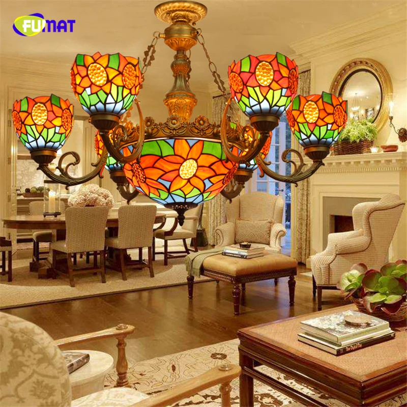 FUMAT Chandelier Light LED Tiffany Stained Glass Sunflower Living Room Lighting 6 Arms 8 Lights Pendant Lamp