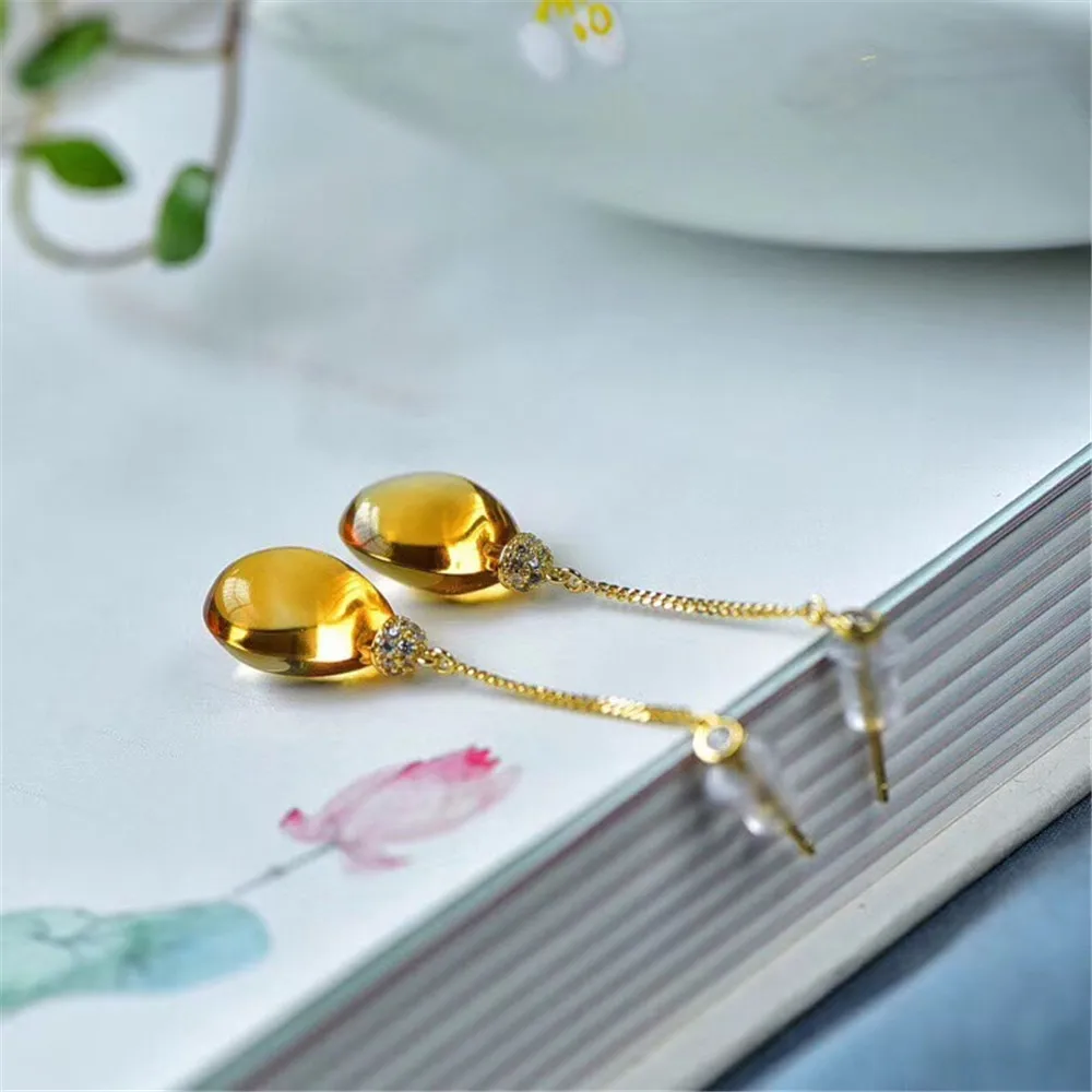 Top Natural Yellow Citrine Drop Earrings For Women Lady Clear Crystal Water Drop Beads Silver Sterling Gemstone Jewelry AAAAA