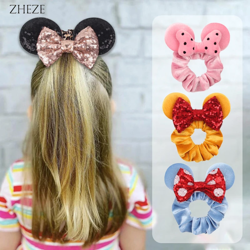 Venta al por mayor, 10 unids/lote, coleteros de terciopelo con orejas de ratón, lazos de goma elásticos, coleteros de cuerda para niñas, diadema, accesorios para el cabello