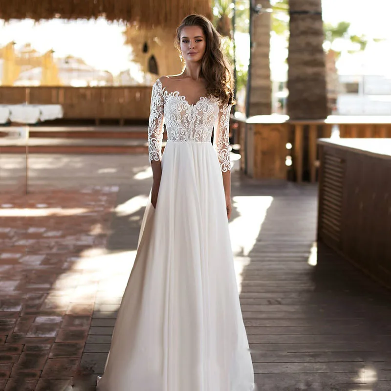 

Beach Wedding Dresses A-line 3/4 Sleeves Chiffon Appliques Lace Boho Dubai Arabic Wedding Gown Bridal Dress Vestido De Noiva