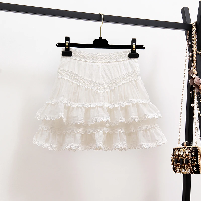 2024 Summer Sexy Hollow Out Embroidery Lace Set Women\'s Suits Ruffles Short Sleeve Tops + White Mini Short Skirts 2 Piece Sets