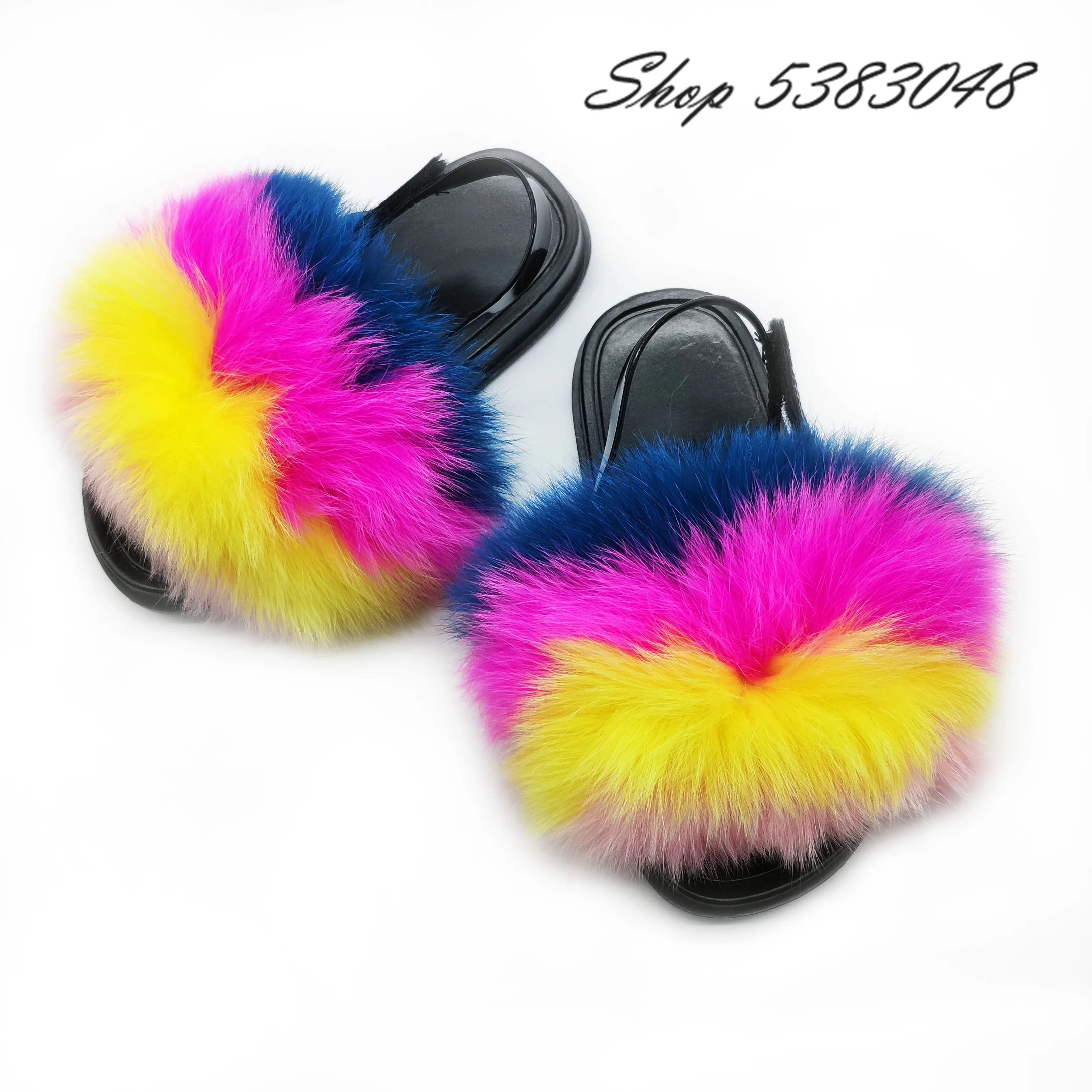 Cute Plush Furry Real Fox Fur Slides Kids Fur Slippers Children Rainbow Fur Sandals Girls Indoor Flat Toddler Fluffy Fur Slides