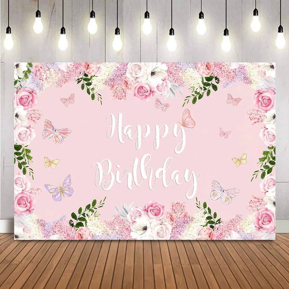 Pink Floral Backdrop Butterfly Birthday Party Decoration Girls Birthday Theme Cake Banner Spring Scenery Rose Flowers Supplies