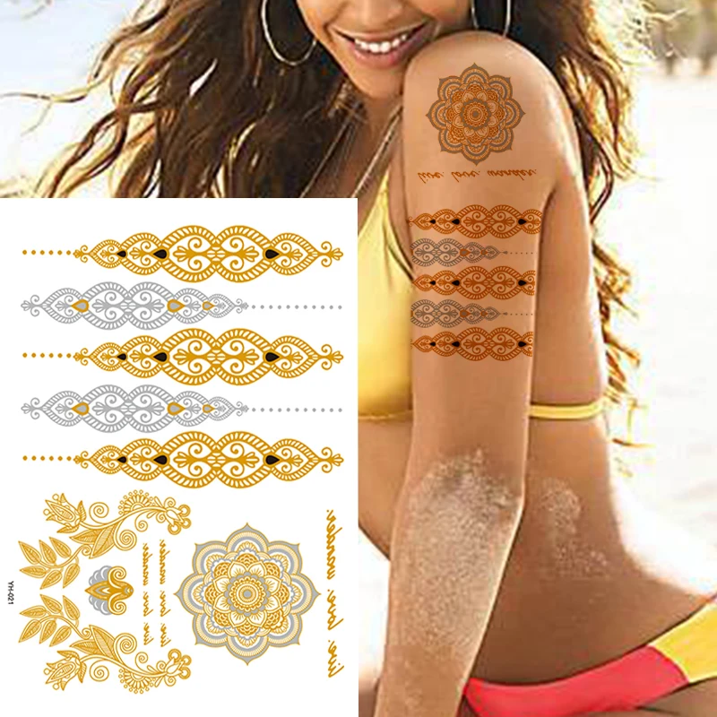 100 fogli all'ingrosso ragazza Body Art oro metallico tatuaggio temporaneo adesivo manica catena braccialetto falso gioielli impermeabili donne