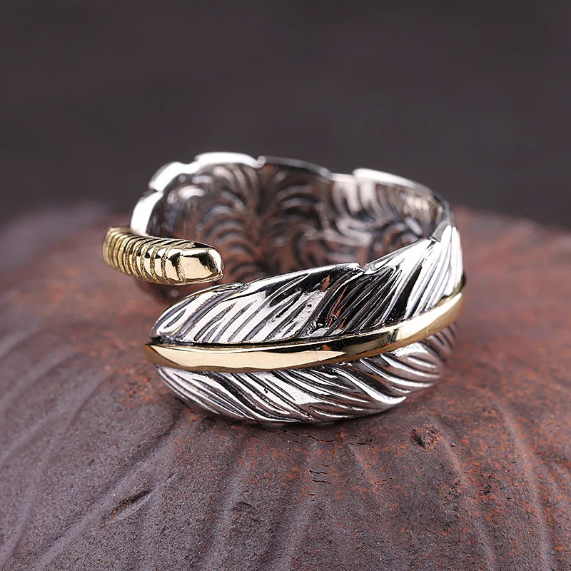 Uglyless Neutral Designer Curved Leaf Feather Open Rings for Women Men Cool Wide Rings Solid Real 925 Silver Fine Jewelry R1041