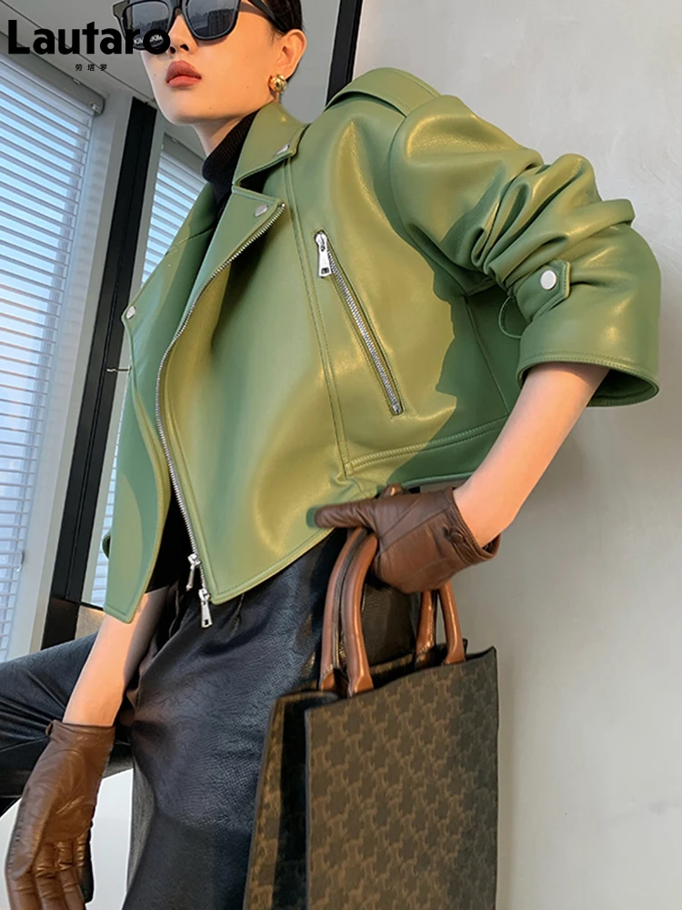 Nerazzurri Spring Green Brown Short Oversized Faux Leather Biker Jacket Women Long Sleeve Zipper Light Korean Style Fashion 2022