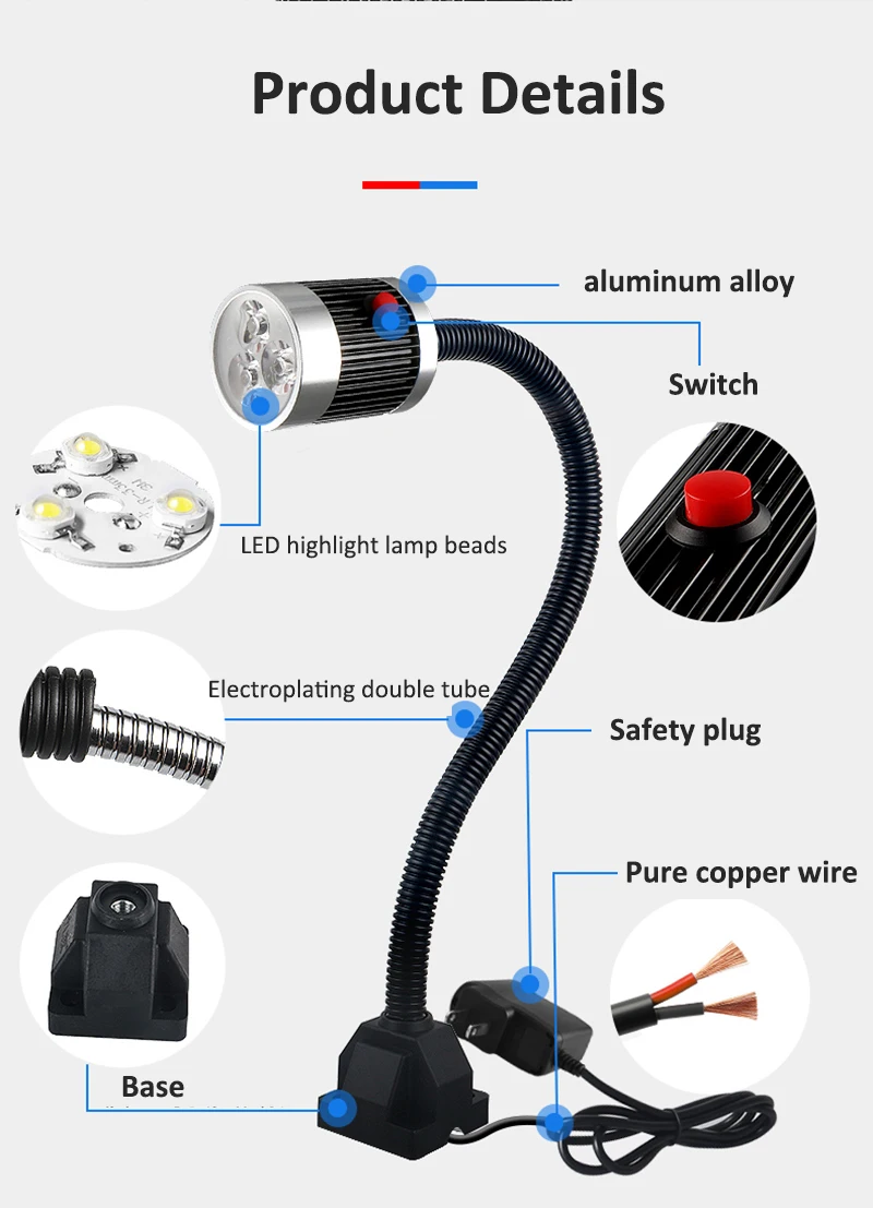 Lámpara de trabajo para máquina Industrial, iluminación LED de 24V/220V, 9W, 50cm/ 80cm/100cm/120cm, luz para fresadora CNC