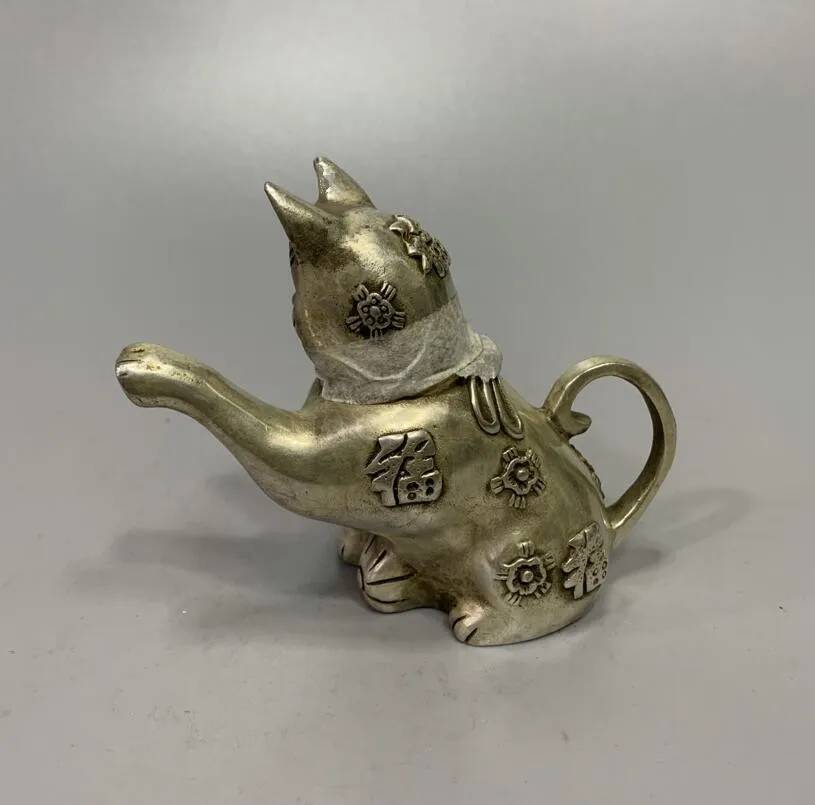 Archaize White copper blessing cat teapot household decoration crafts statue