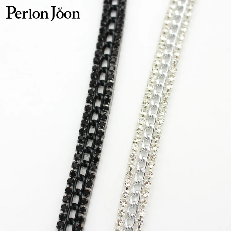 1 yard black and white rhinestone chain trim combination belt ironing on clothes, bags and shoes accessories decoration TR151