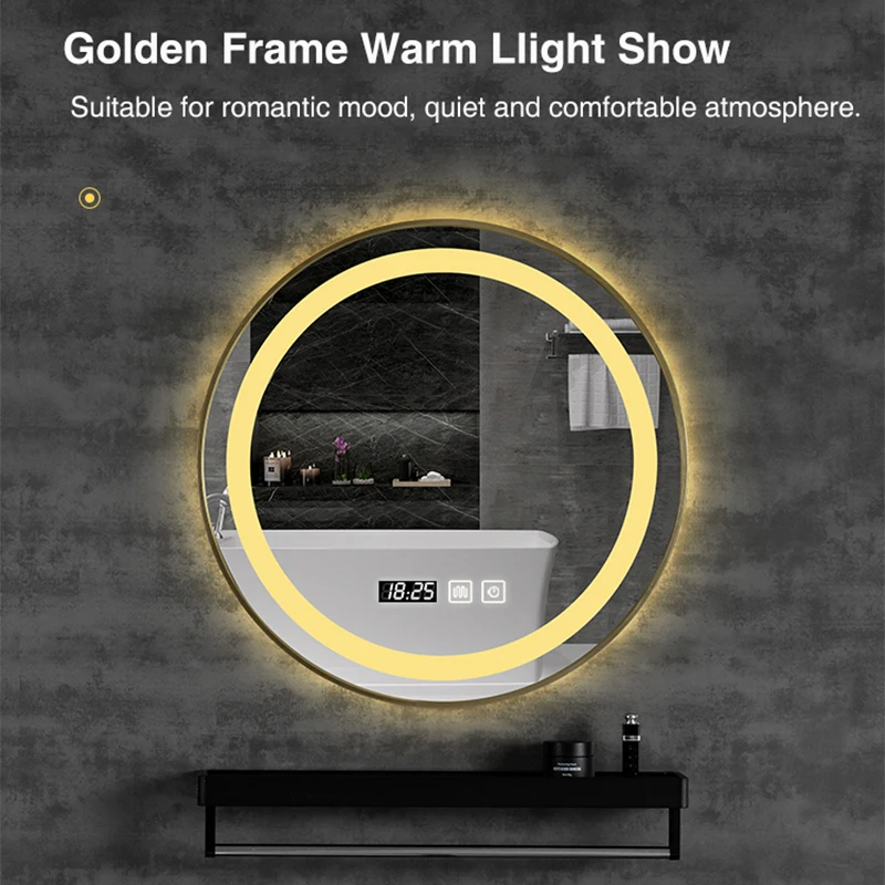 Kolo chytrý LED koupelna zrcadlo s golden/black formulovat 3 barva lehký s Bluetooth reproduktor time&temperature displej  defogging