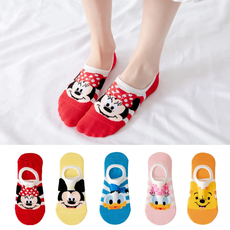 5 pairs Cotton woman sock Mickey Minnie Winnie Daisy Cartoon girl slipper sock Funny Cute Non-slip silicone invisible ankle sock