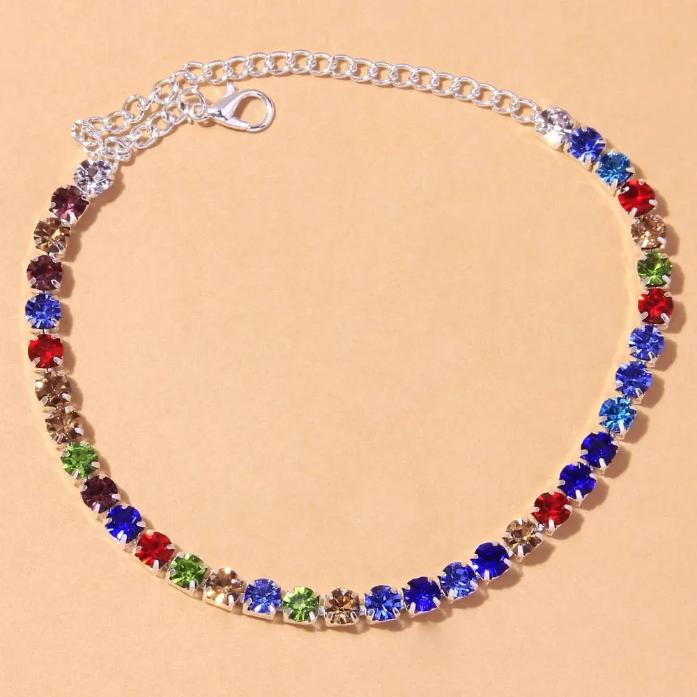 Zomer Strand Kleurrijke Rhinestone Tennis Chain Enkelband Charm Voet Sieraden Voor Vrouwen Luxe Crystal Been Enkelband Barefoot