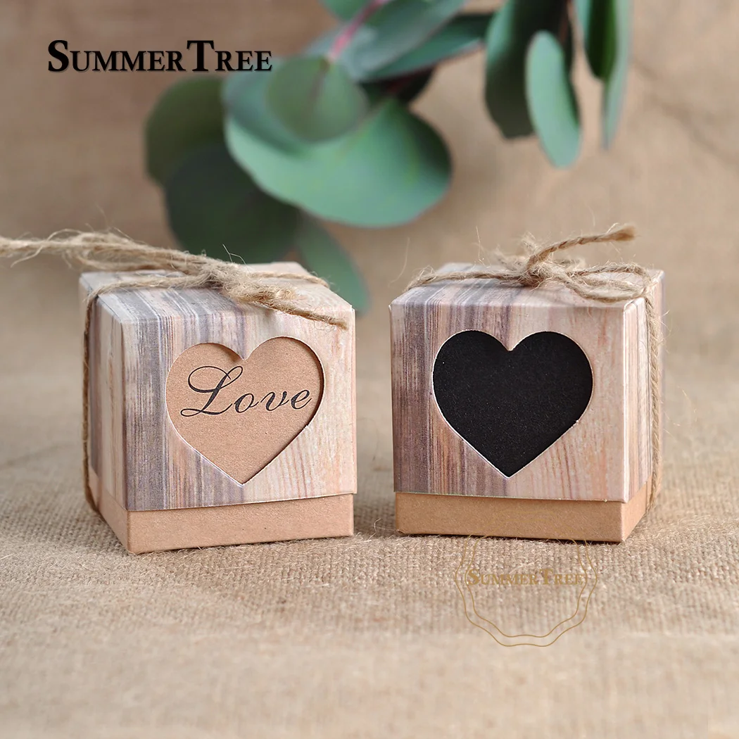 

100pcs Romantic Lover Black Heart Window Candy Box Wedding Decoration Vintage Kraft Favors Gift Boxes with Burlap Twine Chic