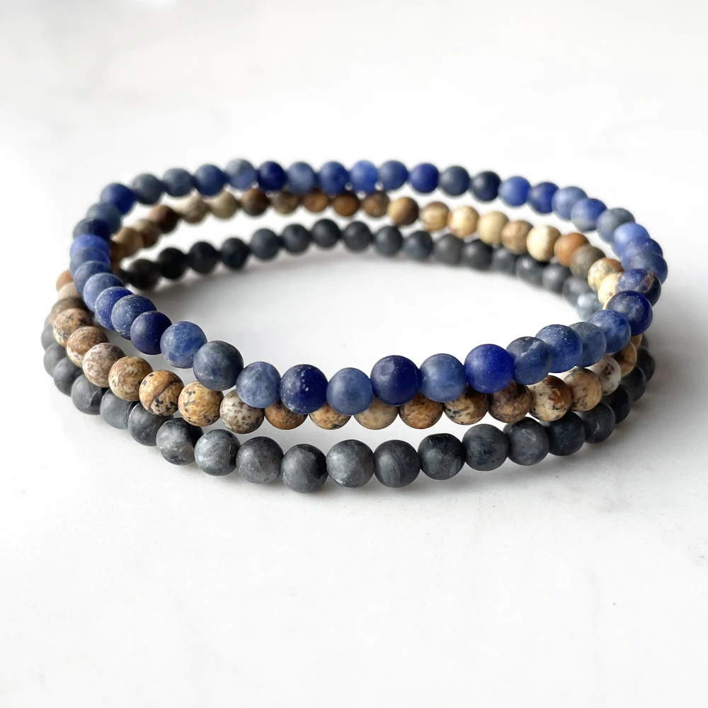 MG0159 Wholesale Natural 4 MM Matte Brazil Sodalite Gray Larvikite Picture Jasper Bracelet Set Womens Mini Gemstone Yoga Jewelry