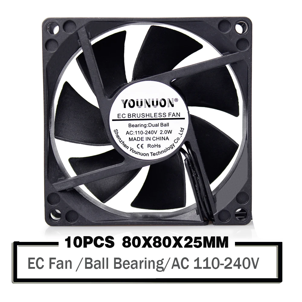 10 pcs EC Brushless Cooler Cooling Fan 80mmx80mm x 25mm 8025 8cm AC 110V 115V 120V 220V 240V 2 Wires