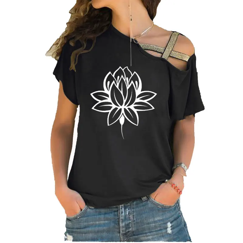 DAWASARU Lotus Flower Buddhism Buddha Meditation Print T Shirt Short Sleeve Women Irregular Skew Cross Bandage cotton tees