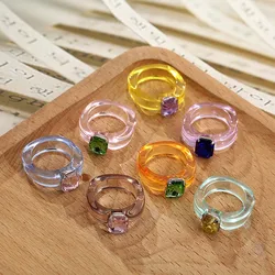 2021 Trend Colorful Women's Resin Mood Ring Vintage Simple Acrylic Rings With Rhinestone Geometric Hip Hop Plastic Rings Jewelry