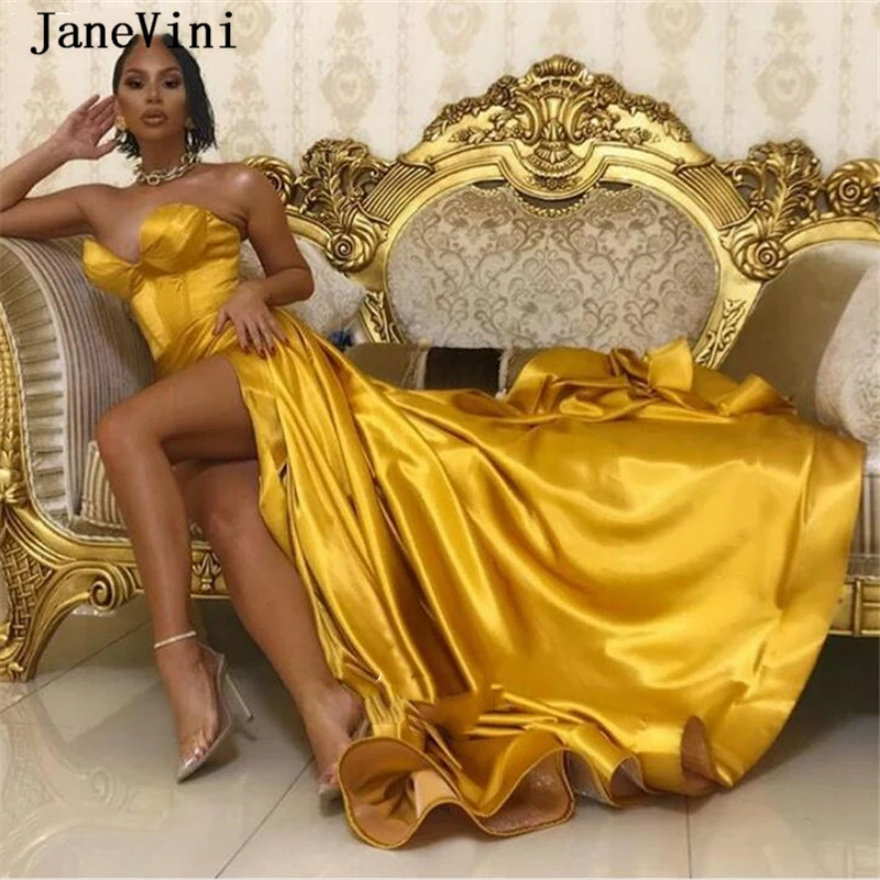 Janevini Sexy Gouden Afrikaanse Lange Avondjurken Plus Size 2020 Strapless Satin Side Slit Floor Lengte Avondjurken Voor Vrouwen