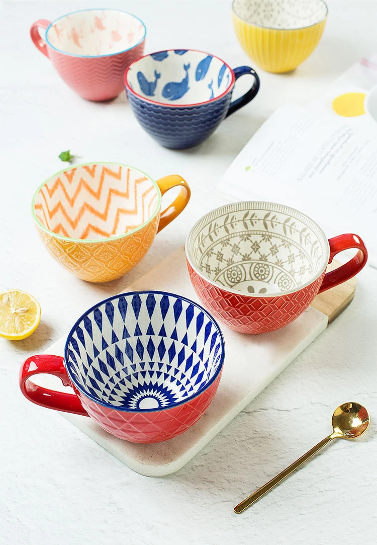 European Style Ceramic Coffee Cups Milk Tea Breakfast Mug Cappuccino Flower Cups Latte Kitchen Tableware High-grade
