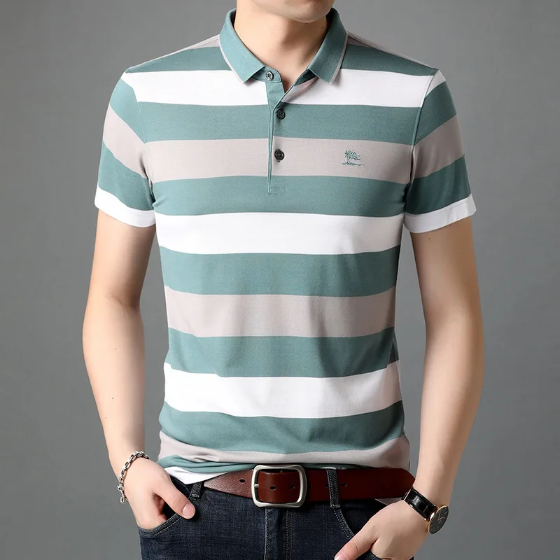 2021Business Casual Short Sleeve Polo-Shirt Men Spring Summer New Arrival Fashion Hit Color Striped Cotton Tops Mens Clothing