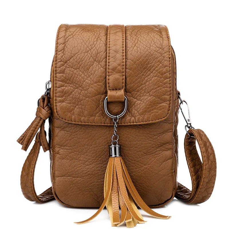 Soft Leather Crossbody Bags for Women High Quality Solid Color Tassel Shoulder Bag Retro Cell Phone Purse Handbags