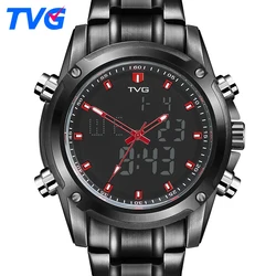 Men Sports Watches Quartz Dual Movement Analog Military Watch Waterproof LED Digital WriteWatch Stainless Steel Strap TVG KM526