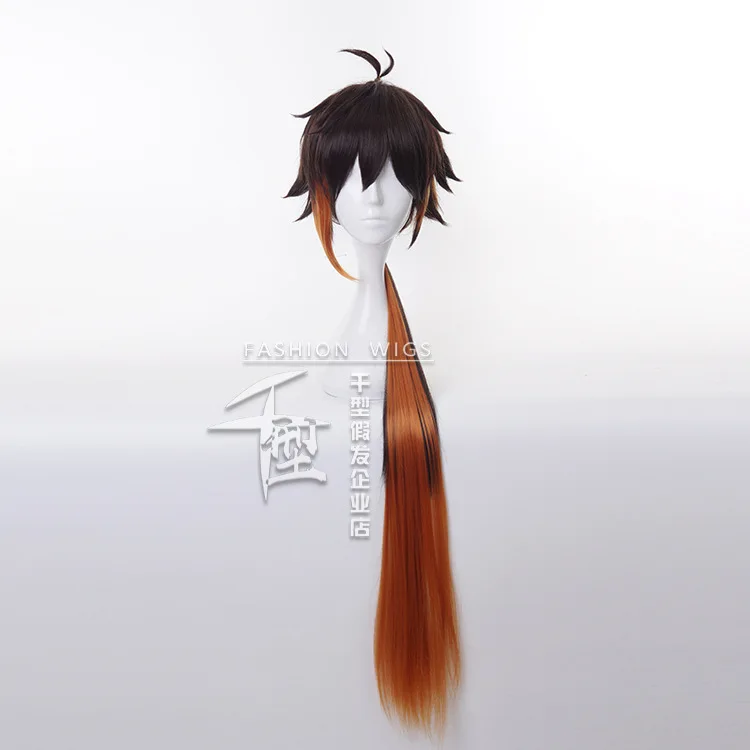 2021 Genshin Impact Zhongli Cosplay Long Brown Orange Natural Warp Wig Cosplay Anime Wigs Heat Resistant Synthetic Wigs Costume