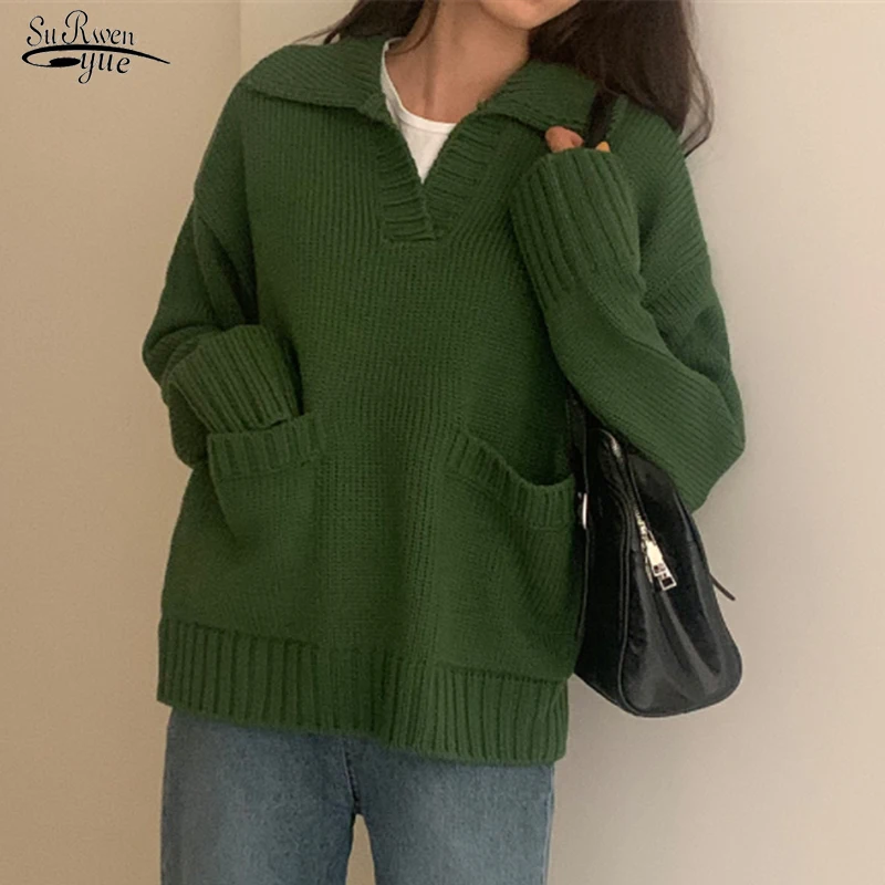 

Korean Lapel Pocket Knitted Sweaters Autumn Casual Retro Solid Pullover Winter Fashion All-match Long Sleeve Green Sweater 17544