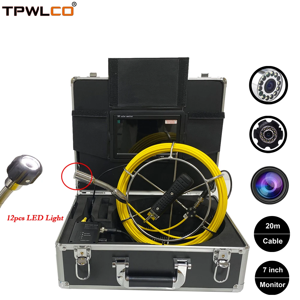 

23mm 7inch Monitor Pipeline Endoscope Sewer Drain Pipe Inspection Camera System with DVR Video Recorder 20m Cable 12pcs LEDS