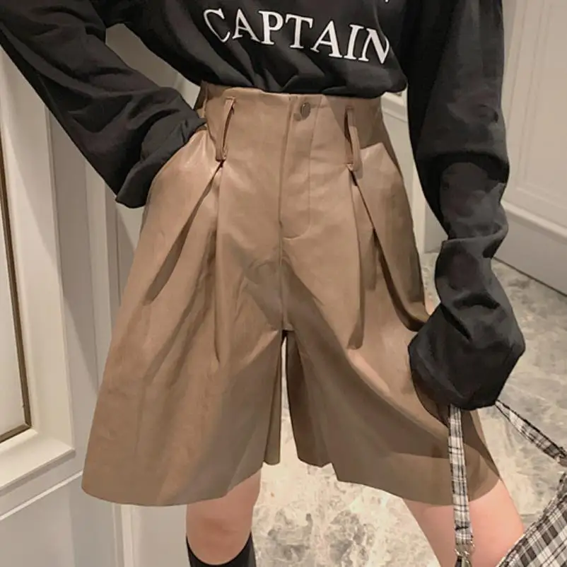 

Wide leg leather pants female new high waist PU leather pants loose straight pants