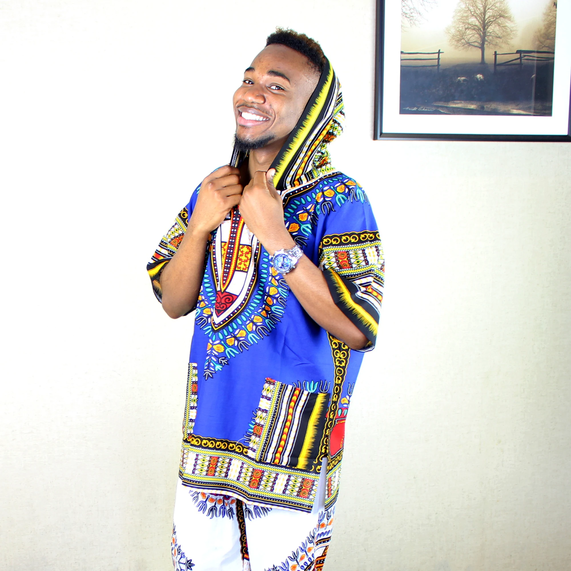 African Classic Dashiki with Pockets Mens Blue Printed Dashiki Hoodie