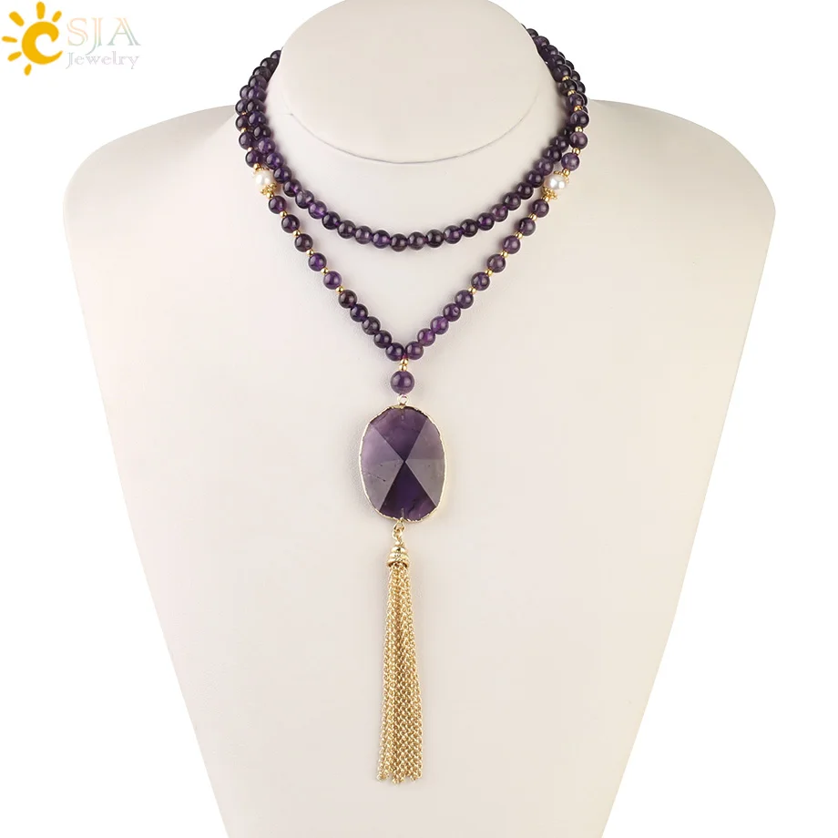 CSJA Amethysts Necklace Natural Stone Long Beads Purple Necklaces for Women Pendant Boho Gold Color Tassel Collar Amatista S470