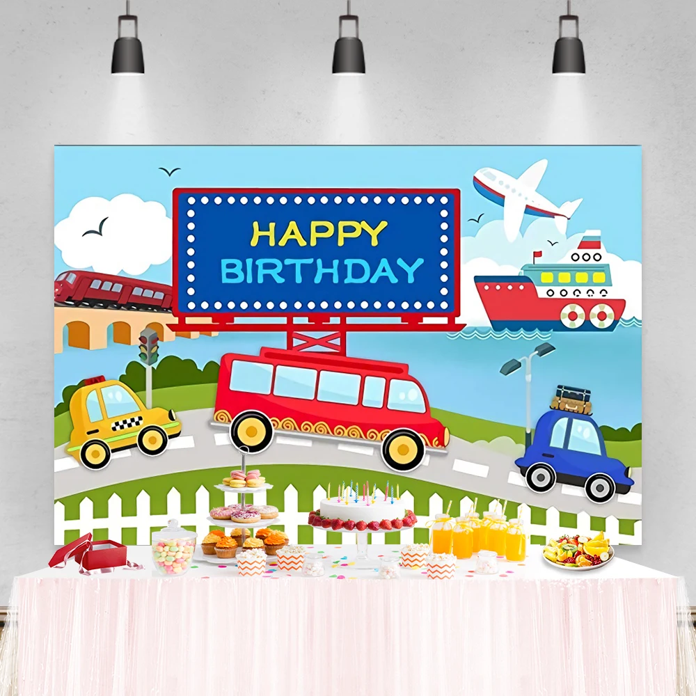 Laeacco Birthday Backdrops Clouds Balloons Airplane Car Trees Baby Shower Newborn Photography Backgrounds For Photo Studio Props