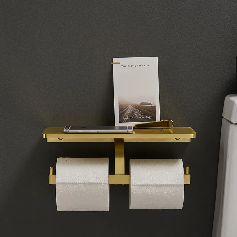 Bathroom Paper Holder & Shelf Aluminum Bath Mobile Phone Brushed Gold Towel Rack Toilet Paper Holder With Hook Wall Mounted