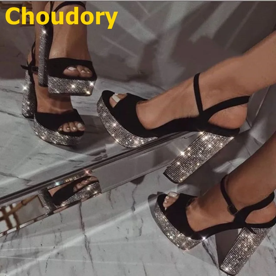 Choudory Bling Bling Silver Crystal Chunky Heel Sandals Black Suede Patchwork Platform Dress Pumps Buckle Strap Banquet Shoes