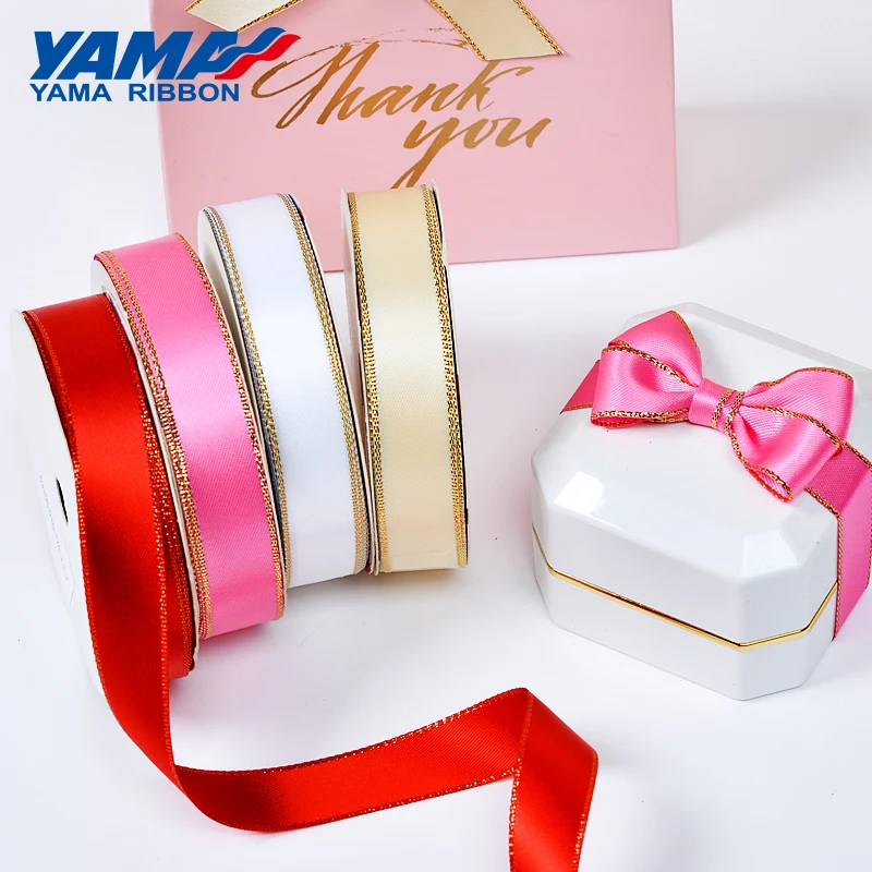 YAMA Gold Edge Satin Ribbon 0.25-1 inch 9 16 22 25 mm 100yards/lot for Diy Dress Accessory Wedding Decoration Gifts