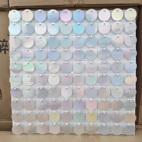 

50pcs 30cm*30cm White Background Board with PET Silver Hologram Round Sequins For Wedding Backdrops Decorative Plate Panels