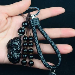 Natural Stone Luckly Pixiu Pendants Leather Car KeyChain Carved Jade Keychains Key Ring Key Holder For Men High Quality Gift